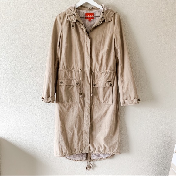 Elle Tan Khaki Long Midi Trench Coat with Hood, S - Picture 1 of 8